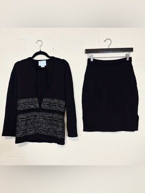 Zang Toi Couture Knit Skirt Suit with Silk Lace Overlay